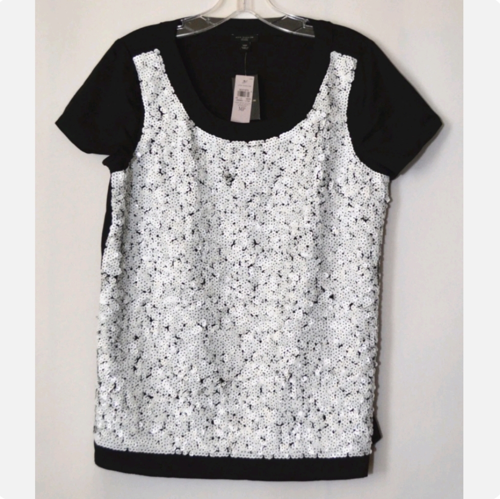 ANN TAYLOR Women Black with White Sequins Top Blouse Short Sleeves Size MP